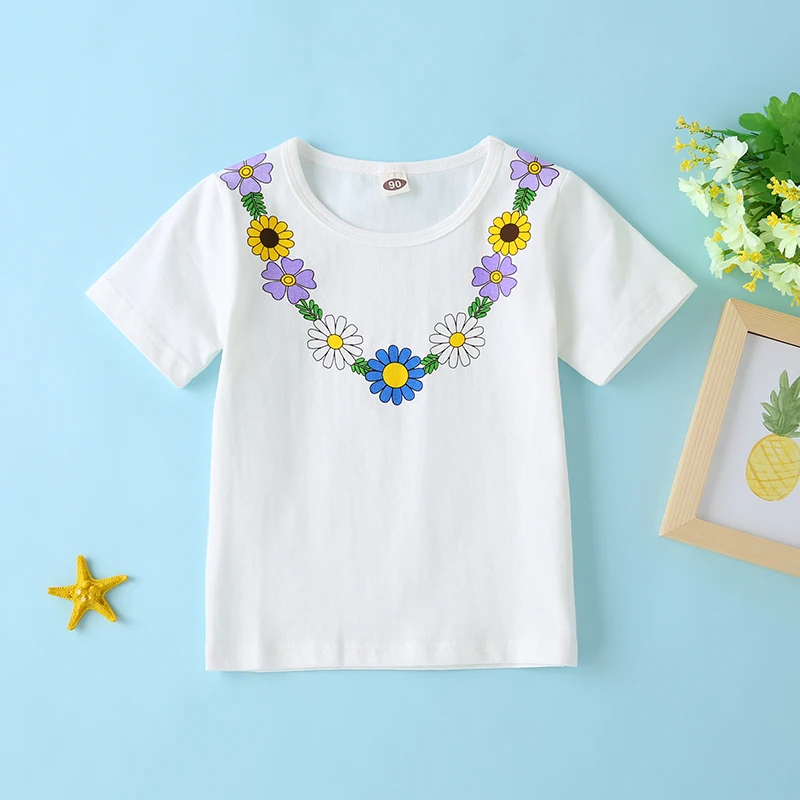 

Girls summer short-sleeved T-shirt children's clothing girls flower pattern cotton T-shirt suitable for 3-7 years old