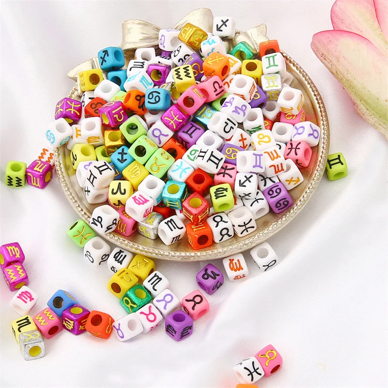 

100Pcs/lot 7mm Cubes Mix Zodiac Constellation Sign Beads Charms Spacer Loose Beads For Jewelry Making DIY Bracelet Necklace