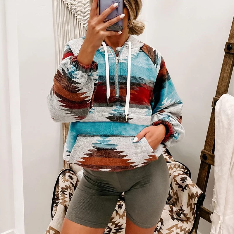 

Autumn Women Print Long Sleeve Hooded Tops Casual Drawstring Female Streetwear Pullover 2021 Vintage Loose Lady Pockets Jumpers