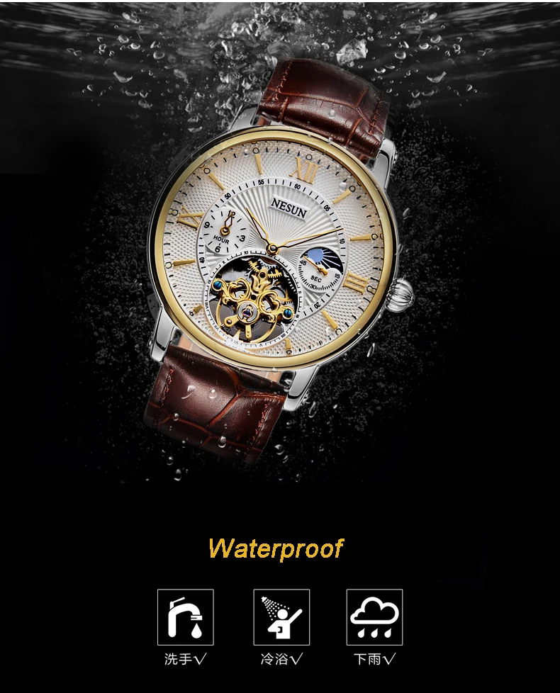 Швейцарские часы Nesun Skeleton Tourbillon для мужчин Топ люксовый бренд автоматические механические мужские часы водонепроницаемые relogio N9091-3