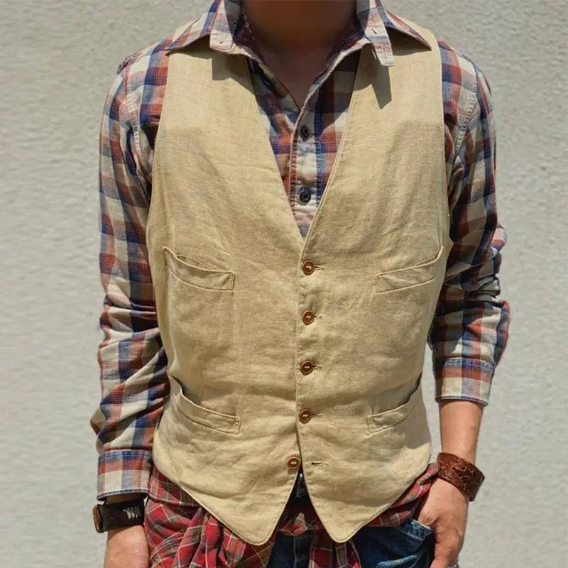 

Men's Vest Vintage Sleeveless Single Breasted Joker Clothes Casual Slim V-neck Spring Autumn Hot Sale Quality Male Khaki Jacket