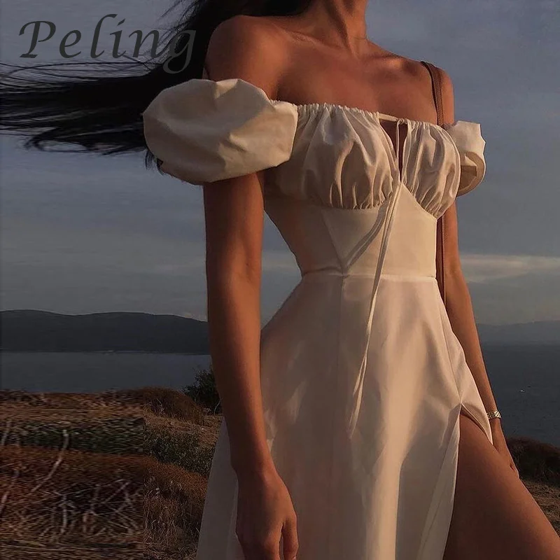 

2021 Summer Off Shoulder Women White Dresses Puff Sleeves Lace Up High Split Dress Beach Dress High Waist Zipper A-Line Robe