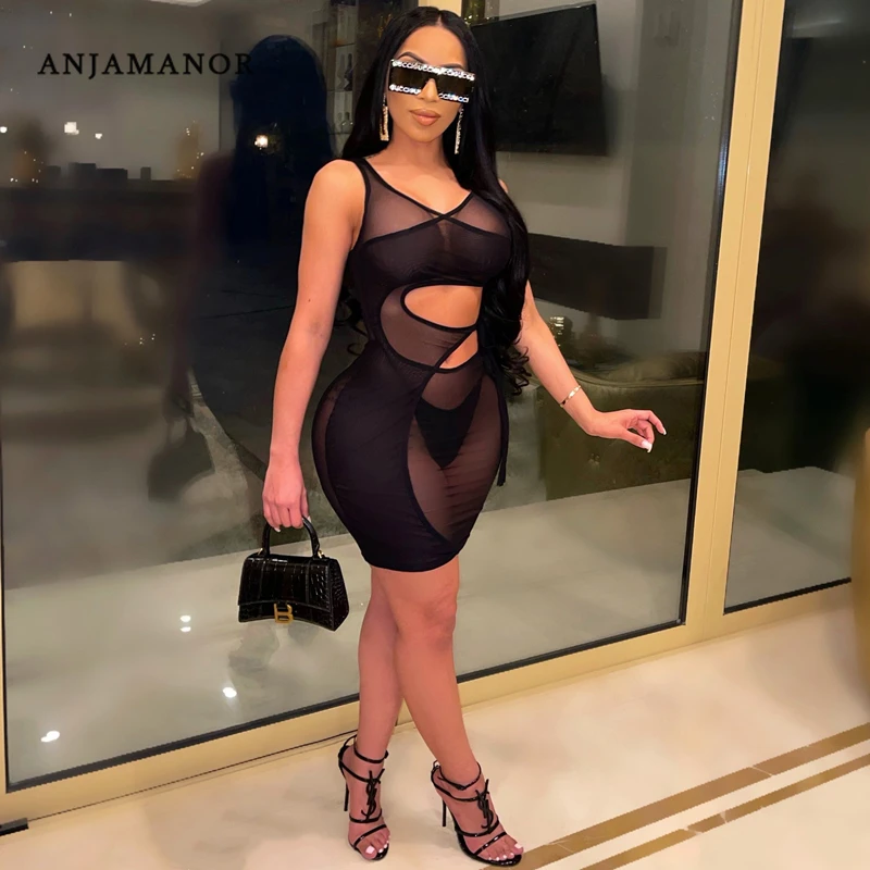 ANJAMANOR Sexy Summer Cut Out Mesh Black Bandage Dress Asymmetric Mini Bodycon Dresses Club Outfits for Women 2021 D96-BE12