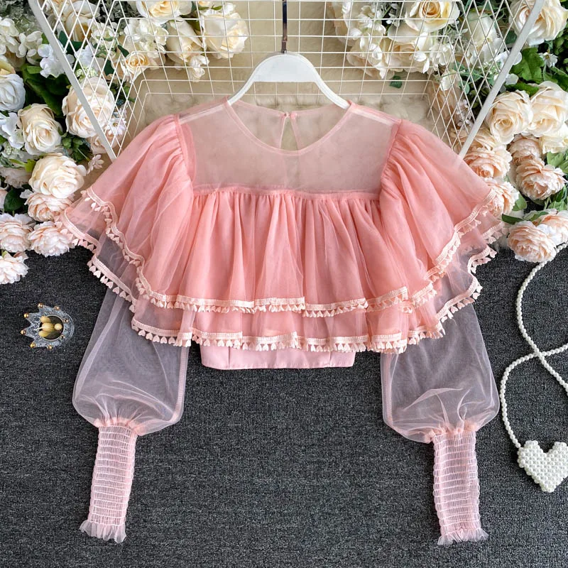 Новинка 2020 Женская шикарная милая блузка с рюшами короткий дизайн пышными