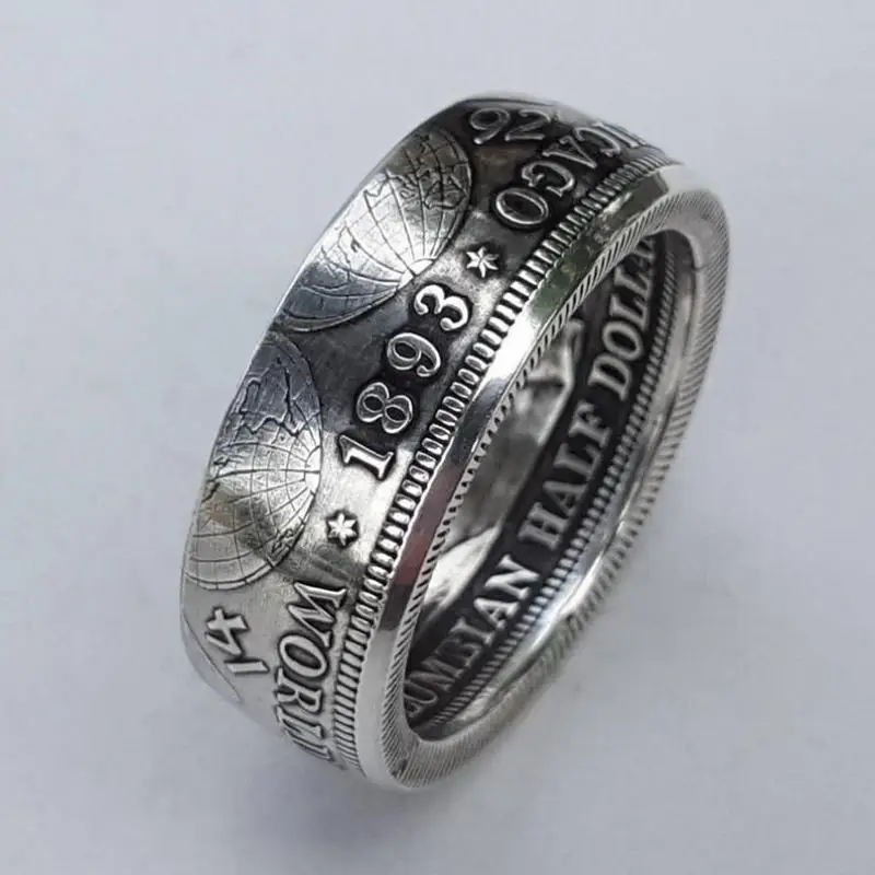 

Vintage Morgan Men's Punk Style Silver Color Imitation 1893 Chicaga Engraved One Dollar Design Ring Club Personality Rock Ring