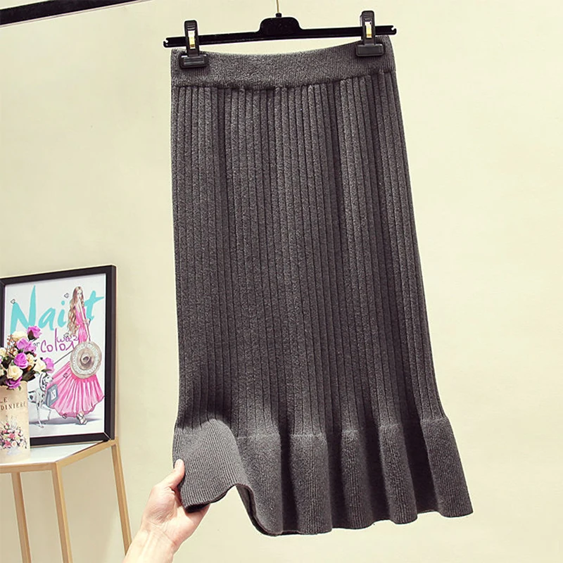 

High Quality Ruffles Hem Knit Fishtail Skirt Womens Autumn Winter New Brand Large Size High Waist Retro Package Hip Skirt Female