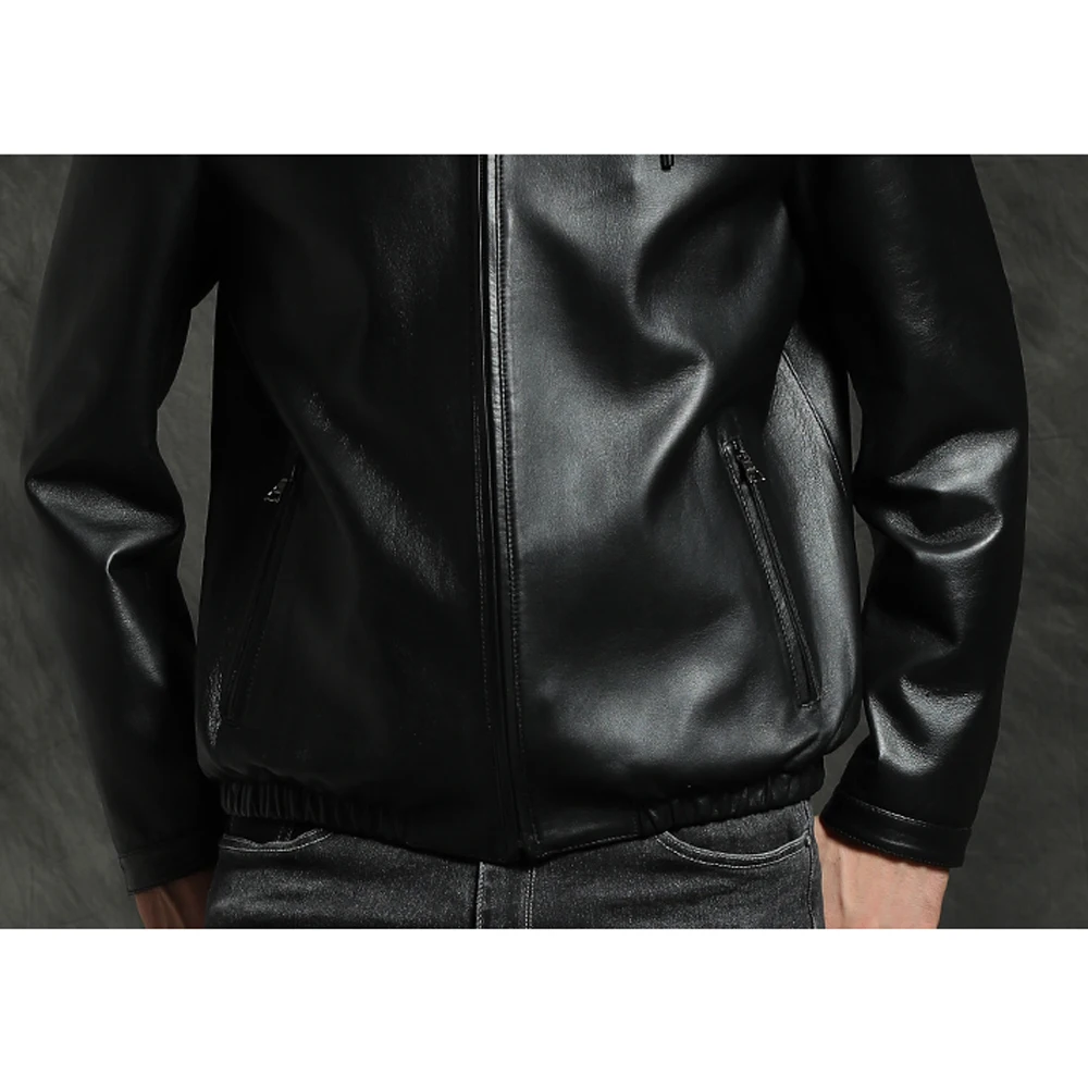 Новая кожаная куртка с капюшоном Мужская короткая верхняя одежда из овечьей кожи