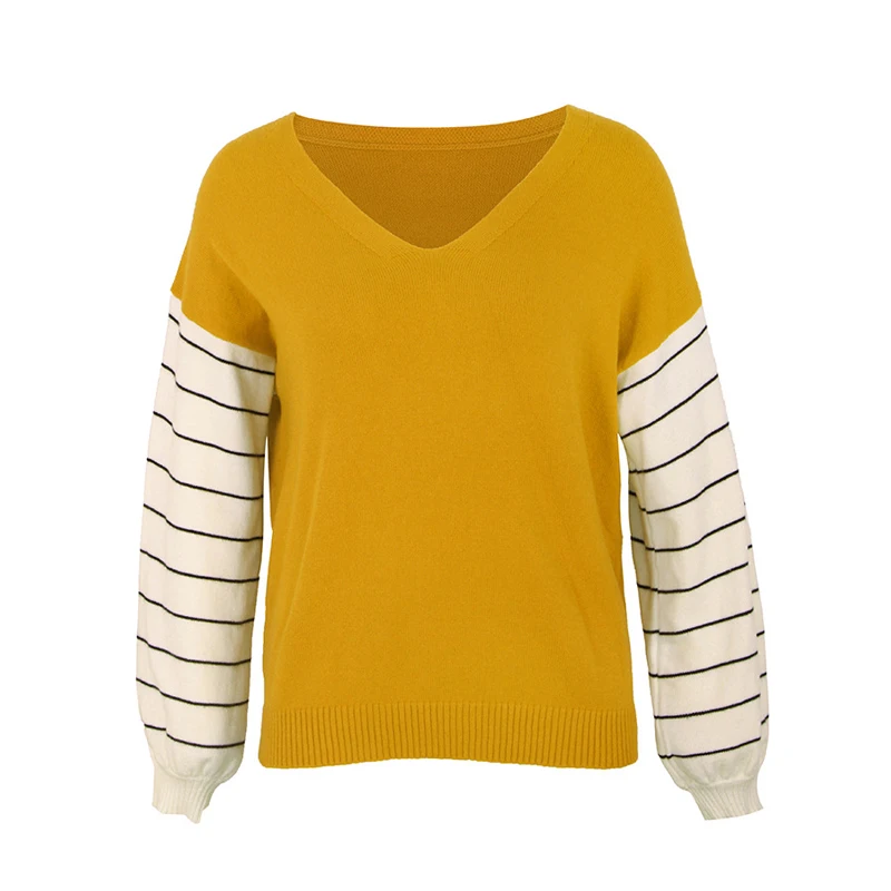 Lossky Women Striped Patchwork Pullover Sweater Female V-neck Fashion Autumn Winter Long Sleeve Clothing Yellow Ladies Top 2019 | Женская