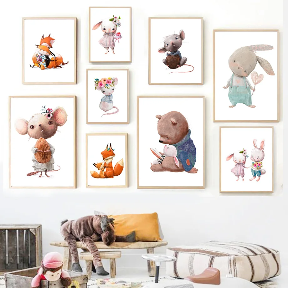 

Мышь Медведь Кролик друг цветок мультфильм настенная Картина на холсте скандинавские постеры и принты настенные картины декор для детской комнаты