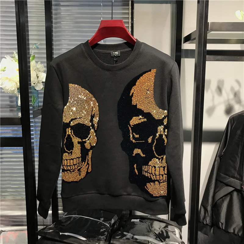 

Men's Hoodies Sweatshirts Heavy Craft Leisure Fashion Hot Drilling Extra-Large Double-Sided Skull Male Hoody