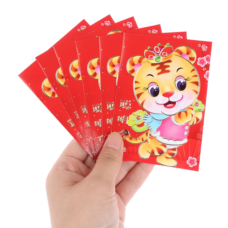 

6 шт., китайские красные конверты на удачу, 2022 год Тигра, посылки для денег на праздник Гонконг Бао