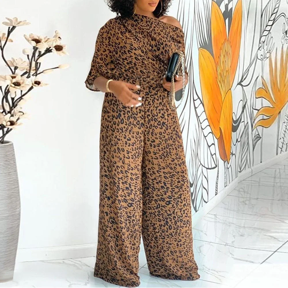 

Europe America Fashion Sexy Leopard Loose Casual Oblique Shoulder Jumpsuit Summer Oversize African Summer 2021 Wide Leg Pants