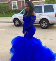 sexy african black girls royal blue mermaid prom dresses 2019 long sleeve appliques lace tulle women long party evening gowns