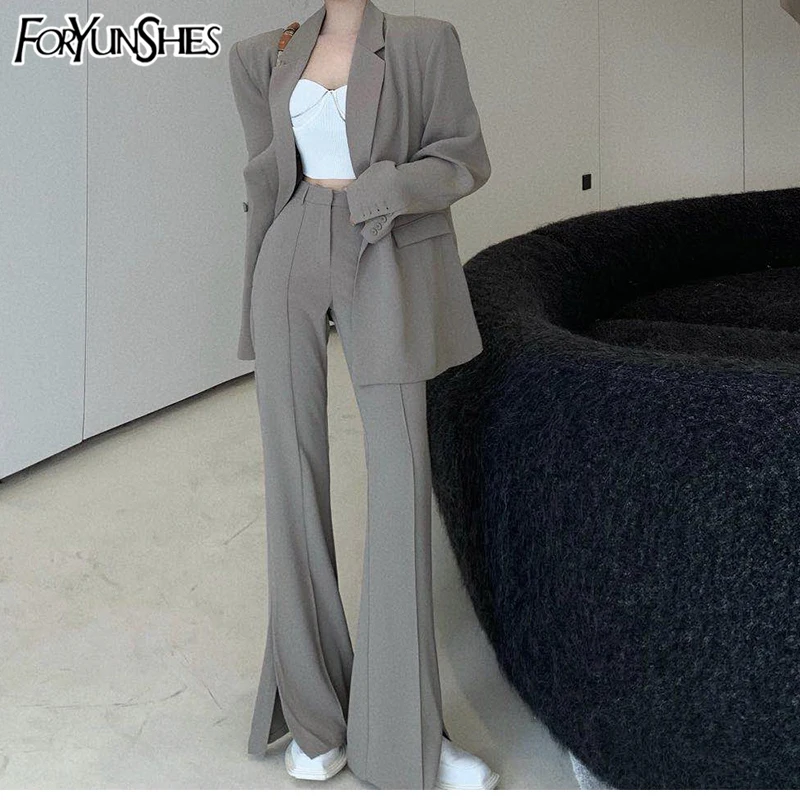 

Women Loose Casual Long Blazer Jacket & High Waist Flare Split Suit Pants Office Lady Uniform Business Coats 2021 Spring Autumn