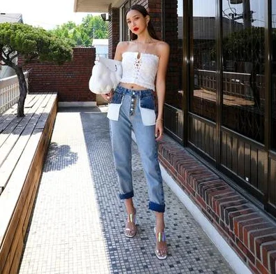 

Women Jeans 2021 New Spring Fashion High Waist Patchwork Hit Color Blue Jeans Straight Denim Pants Women
