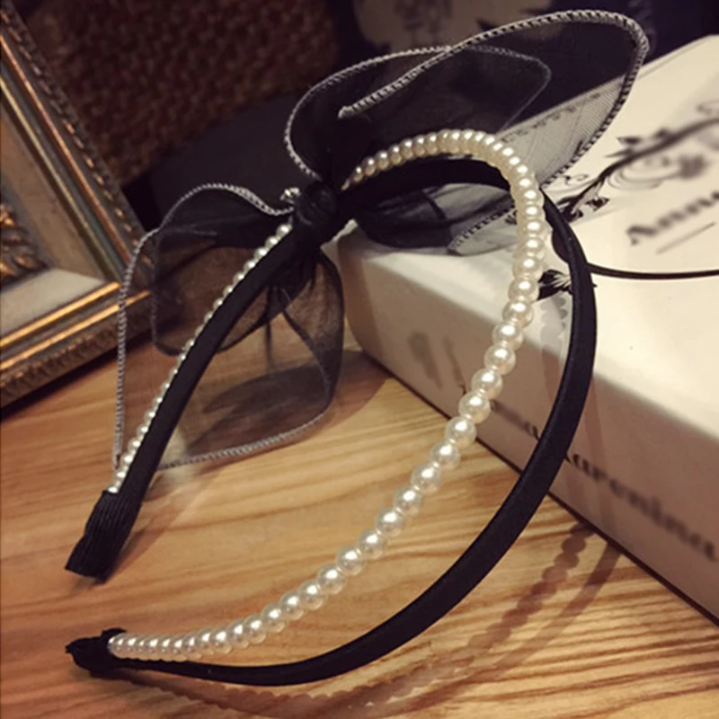 

Lace Crystal Pearl Bow Hairbands Rabbit Ear Knotted Pearls Headbands Multi-layer Thin Hair Hoop Women Sweet Hair Accessories