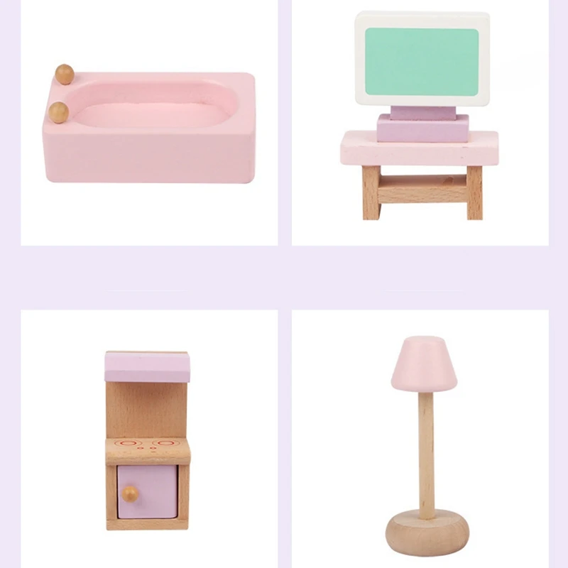 

22 PCS Wooden Dollhouse Furniture Playset Kids Pretend Play Toys Miniature Furniture for Children Dolls House Set