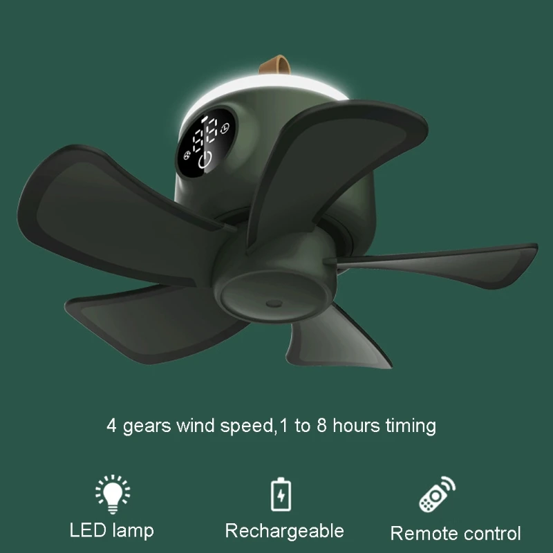 

8000mAh USB Rechargeable Remote Control Timing Camping Fan 4 Gears Tent Ceiling Fan with LED Lamp for Home Outdoor Bed