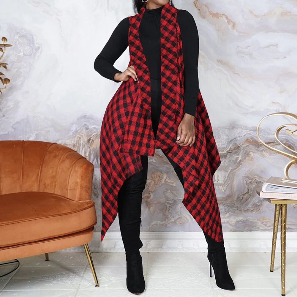 Женская длинная куртка в клетку Асимметричное пальто без рукавов с