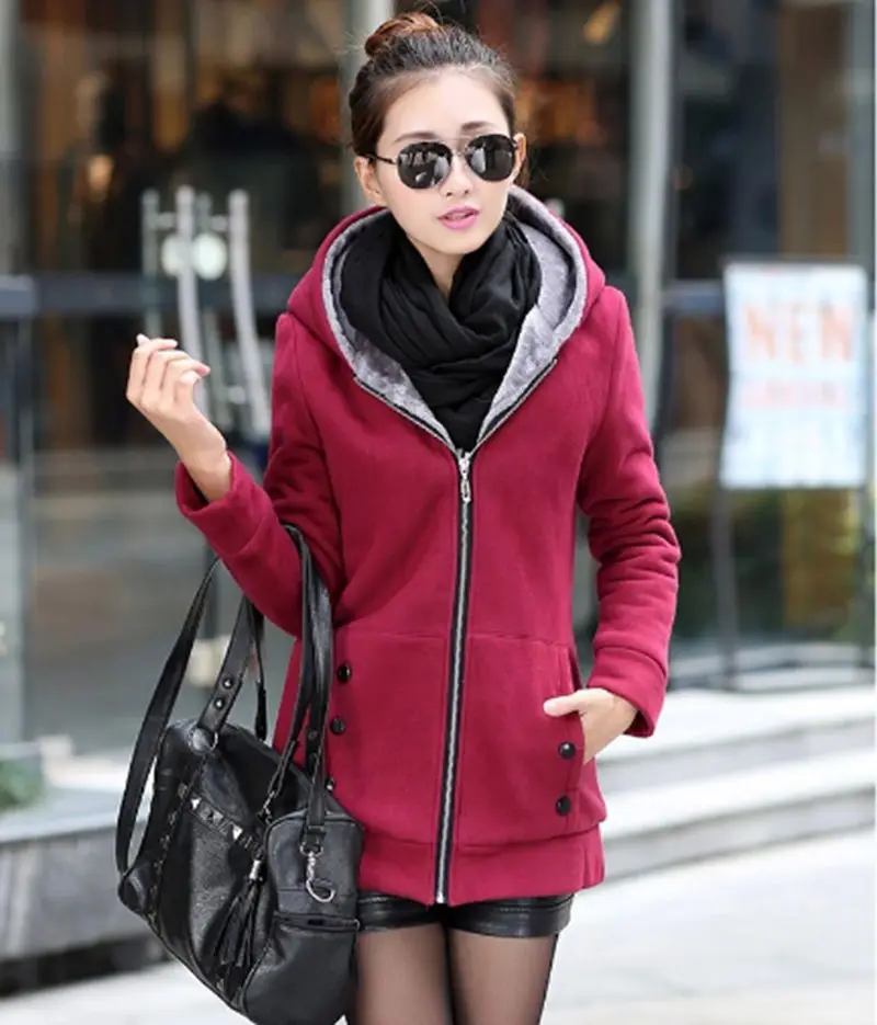 2021 Winter Ladies Thickened Zipper Hooded Knit Coat Solid Color Large Size Casual Fashion Long-sleeved Wilds | Женская одежда