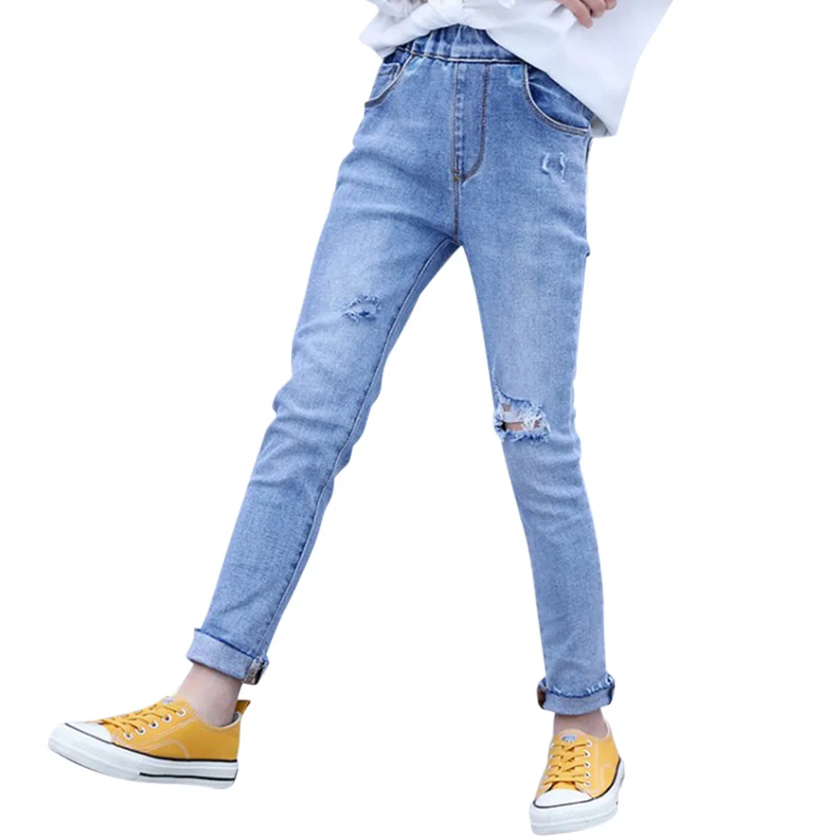 Джинсы для девочек узкие эластичные джинсы брюки карандаш с дырками детские