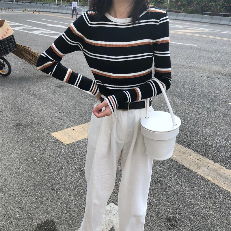

Korean style casual o-neck full pullovers striped computer knitted Spring and autumn tops Women's Clothing high quality Sweaters