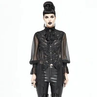 gothic palace style chiffon lace petal sleeve thin drawstring tie shirt with see through ladies high collar top long sleeves