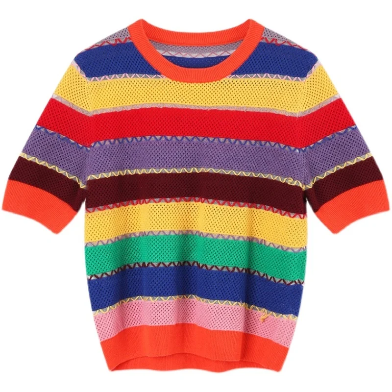 

2021 Summer Fashion women's Rainbow stripe T-shirts Hot fashion Knit hollow-out Tee tops