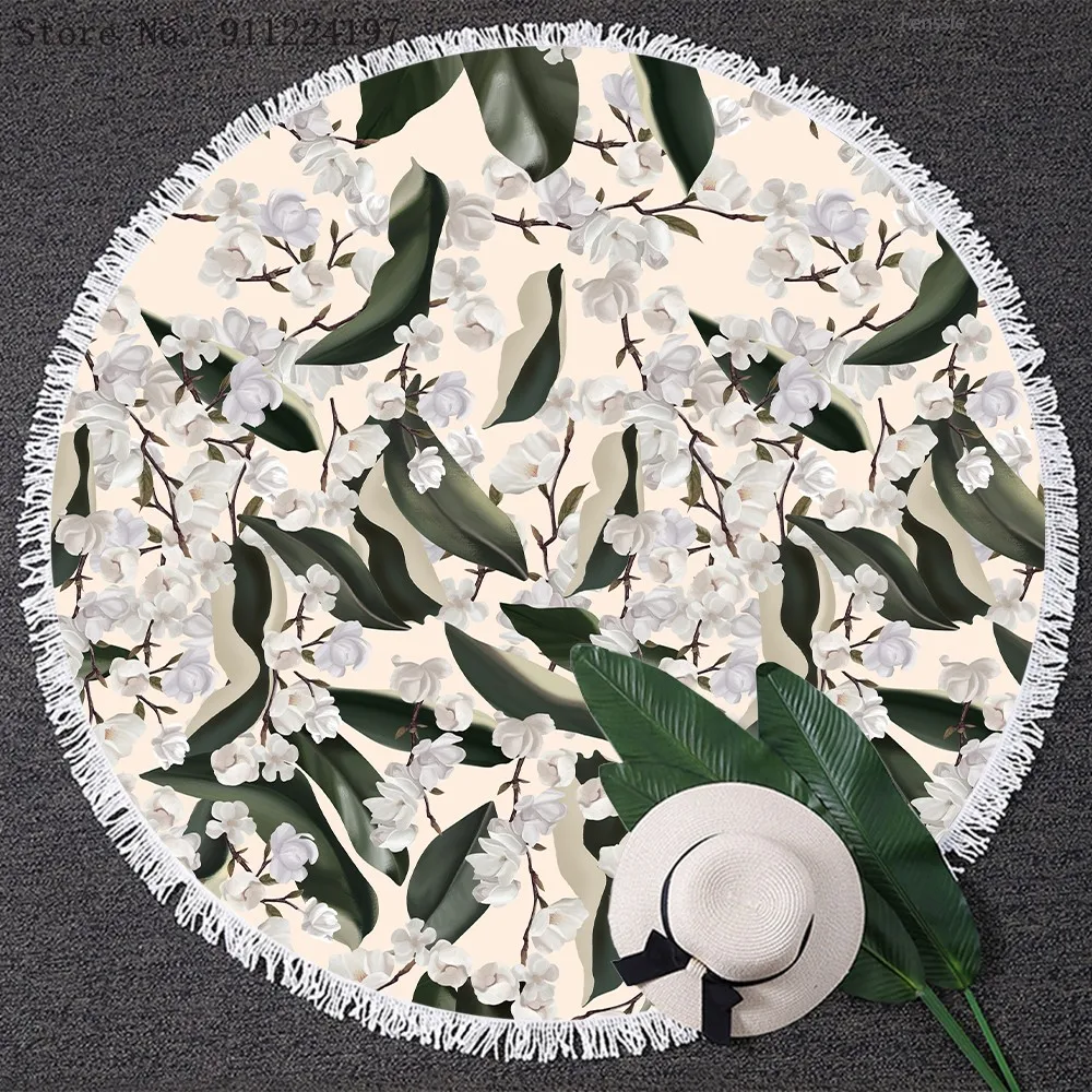 

Northern Europe Round Beach Blanket Green Leaf Flower Tapestry Picnic Table Cover Beach Towel Tassel Beach Cloths Beach Towels