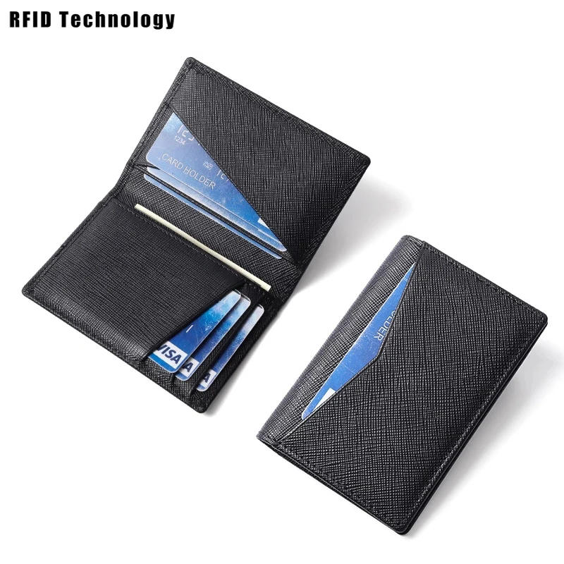 

2021 Fashion RFID Credit Card Holder Men Genuine Leather Bifold Slim Thin Pocket Wallet Business Bank Cardholder Case Sticker