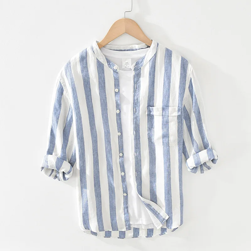 

Men Clothing 2021 New Men's Striped Linen Shirt Youth Art Loose Collar Three-quarter Sleeve Shirt Camisas Para Hombre