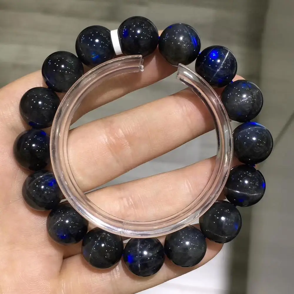 

Natural Black Labradorite Blue Light Bracelet Crystal Cat Eye Round Beads Bracelet 13mm For Women Men Grey Moonstone Stone AAAAA