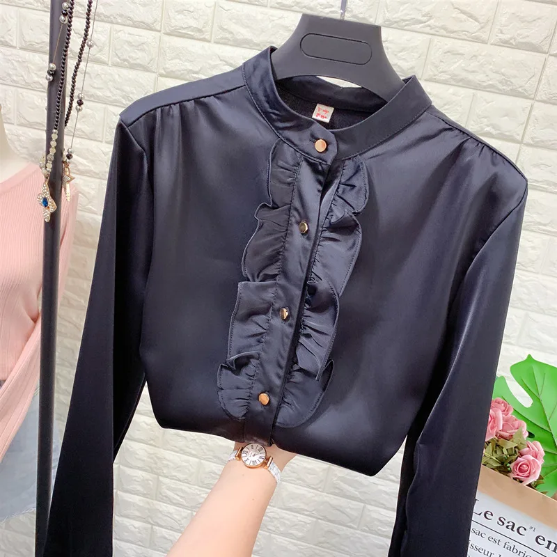 Рубашка женская с воротником стойкой элегантная Элегантная атласная белая