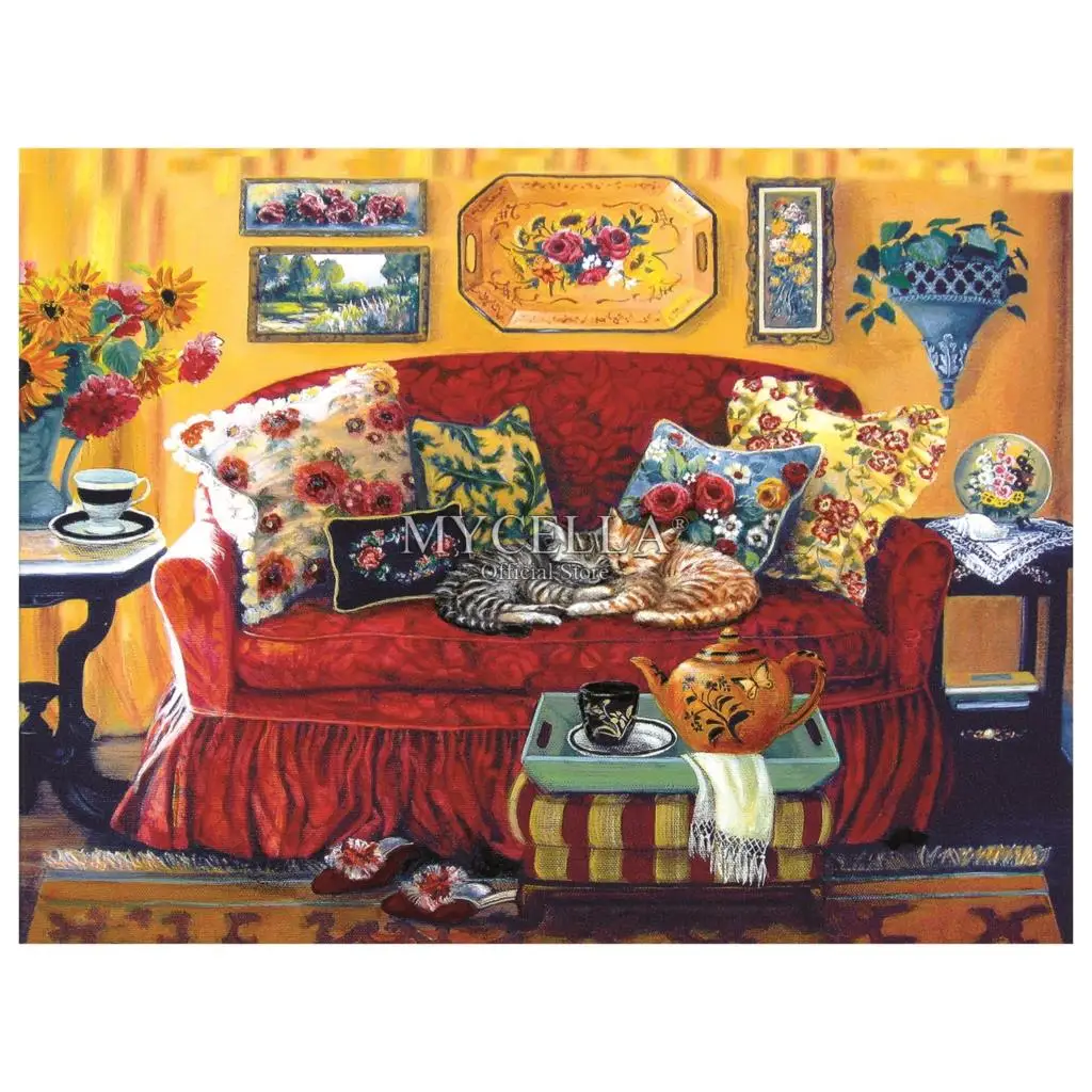 

5d Diy Diamond Painting Tea Time Full Diamond Embroidery Mosaic Cross Stitch Cats Needlework Crafts Home Decor Cartoon Animals