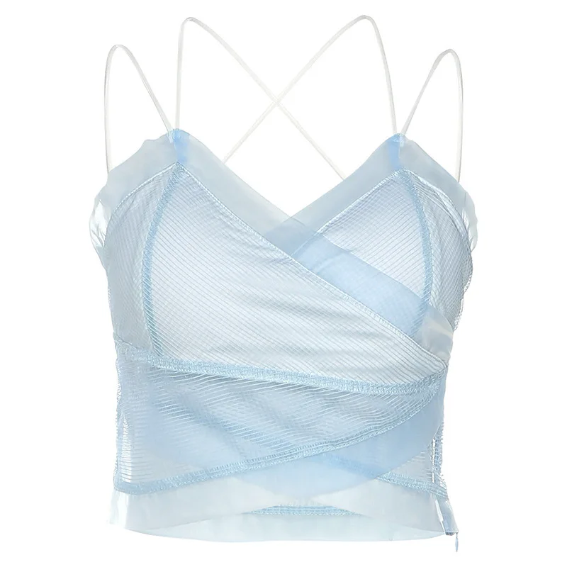 

XIYUU Summer Tops New Women's Sexy Tank Top Camisole Perspective Gauze Navel Croped Top Open Back V-neck Vest