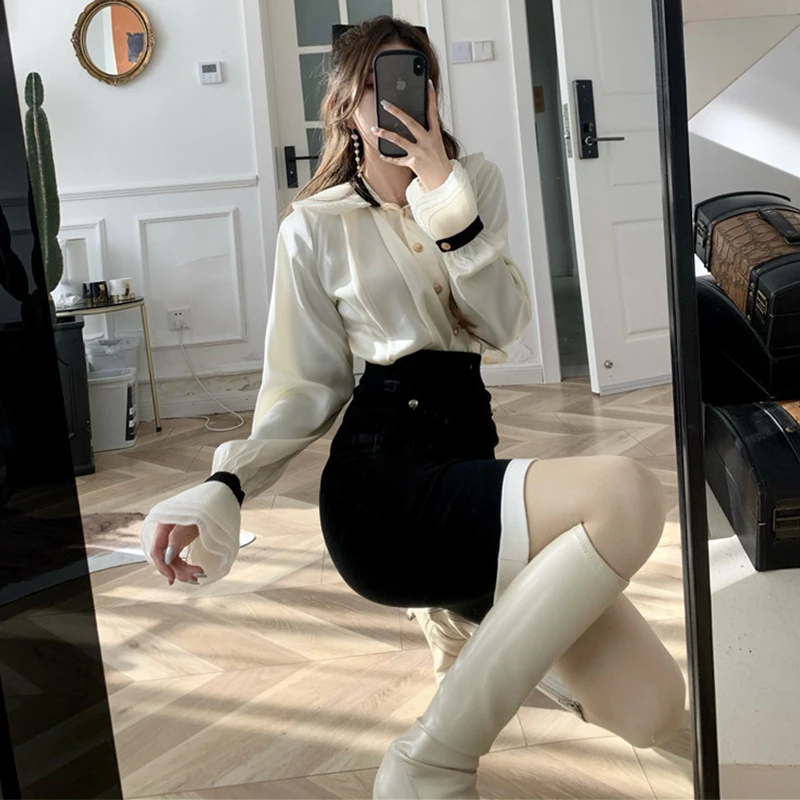 

Sister Fara New Spring Puff Sleeve Turn-Down Collar Shirt Women+Autumn High Waist Zipper Mini Skirt Office Lady 2 Pieces Suit
