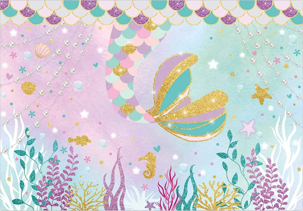 Little Mermaid Backdrop Under The Sea Scales Ocean Shell Background 1st Birthday Baby Shower Girl Summer Party Supplies Decor enlarge