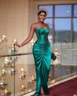 Женское атласное плиссированное платье, элегантное зеленое платье для выпускного вечера без бретелек, с кристаллами и бусинами, с длинным разрезом, большие размеры, 2022