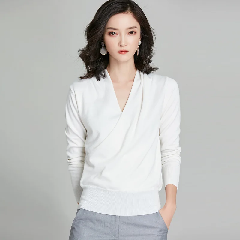 Вязаные топы с запахом женский шерстяной кардиган свитер длинным рукавом