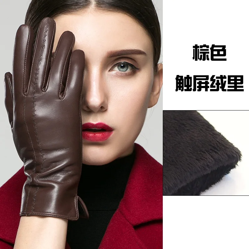 brown velvet touch Перчатки из натуральной кожи женские зимние тачскрин могут быть дополнительно бархатные утепленные высококачественные кожаные женские перчатки из козьей кожи K33 - Цвет: brown velvet touch