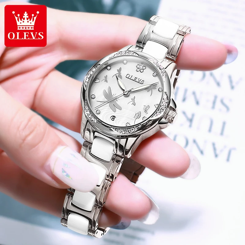 OLEVS High-end Automatic Mechanical Watch Women Top Brand Luxury Diamond Ladies White Ceramic Stainless Steel Waterproof Watch