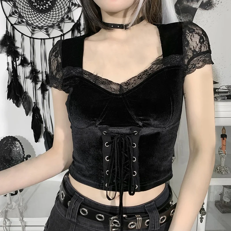 

Сексуальные футболки Goth винтажные сексуальные кружевные Корсеты Топы элегантные готические летние футболки с коротким рукавом