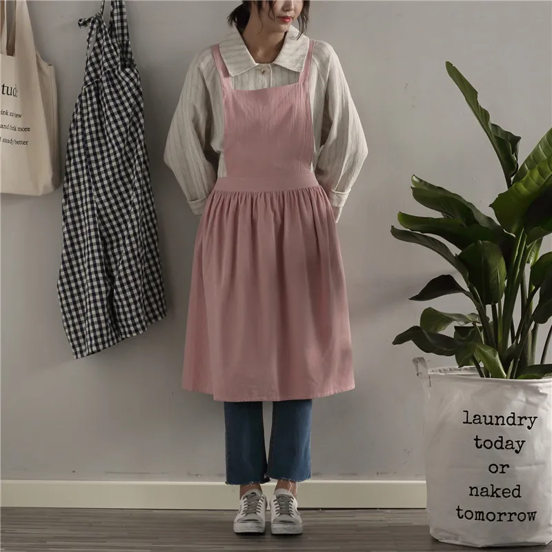 

Women Cotton Linen Cross Back Apron Japanese Housework Baking Wrap with Pocket Florist Dress Solid Color Garden Kitchen Apron