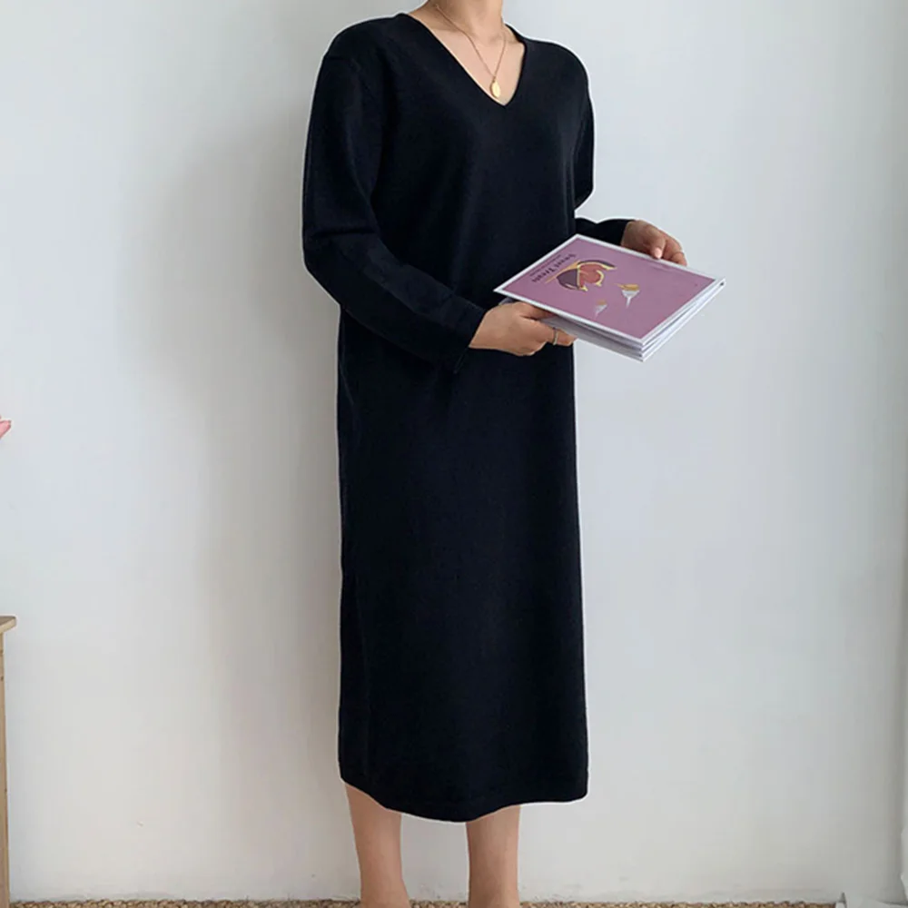 

Korean Version Japanese Women's Dress Spring Autumn Fashion Temperament Loose Casual Knitting Solid Color V-neck Long Sleeve