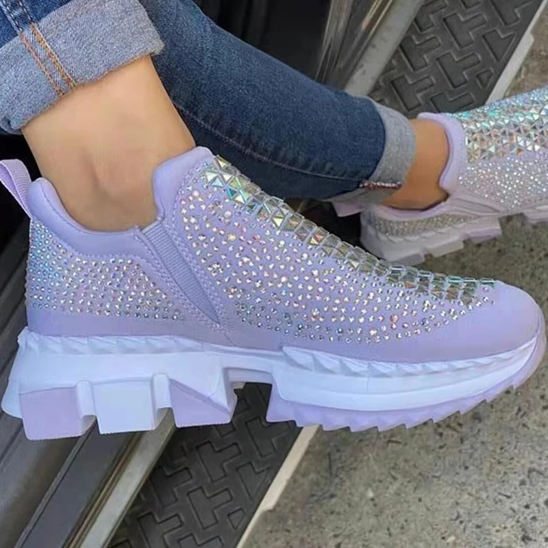 

2021 Women's Chunky Sneakers Fashion Rhinestone Slip on Flat Casual Running Shoes Mesh Breathable Vulcanized Shoes for Woman