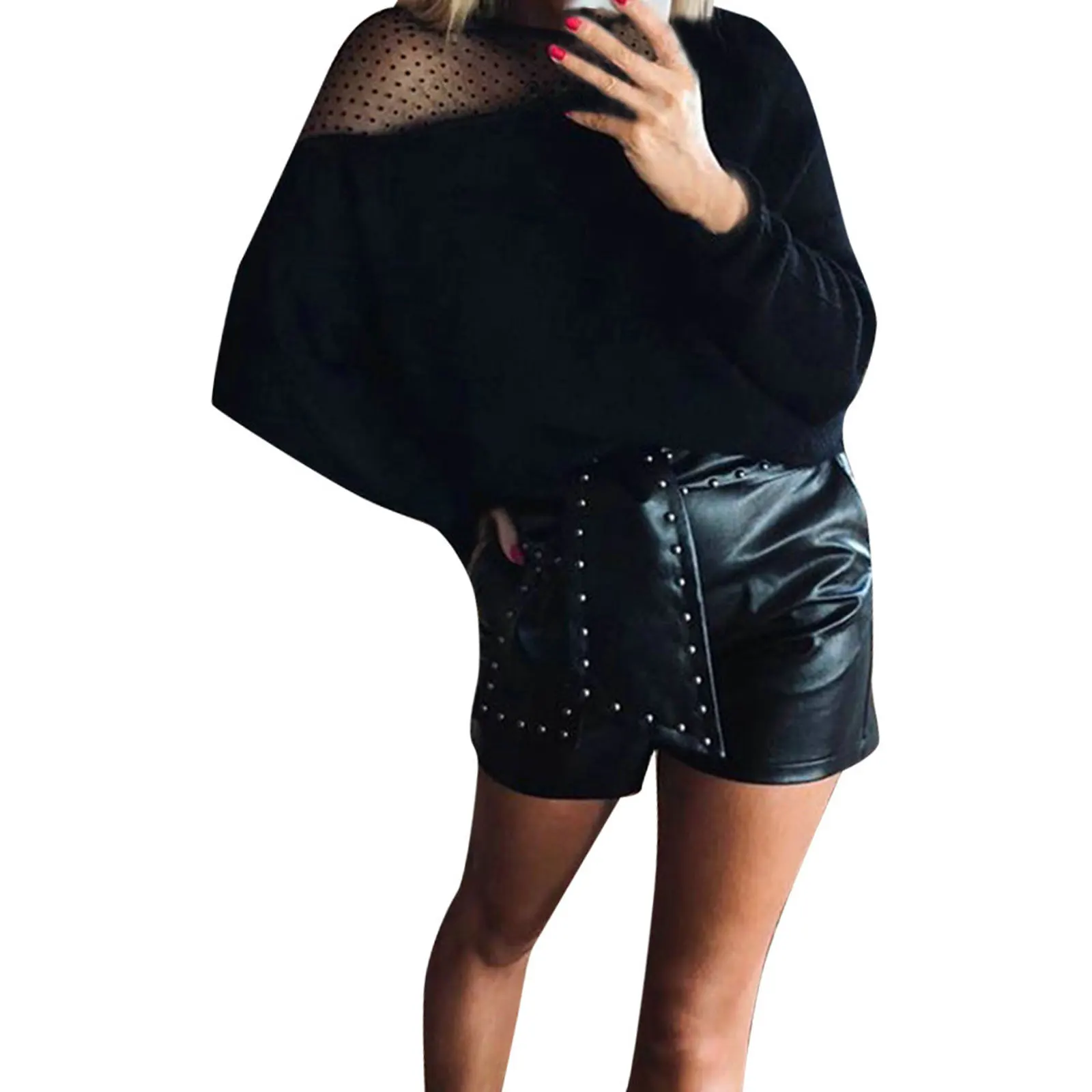 

Women Mesh Patchwork Blouse, Spring And Autumn Sexy Long Sleeve Round Neck One-shouldered Pullover