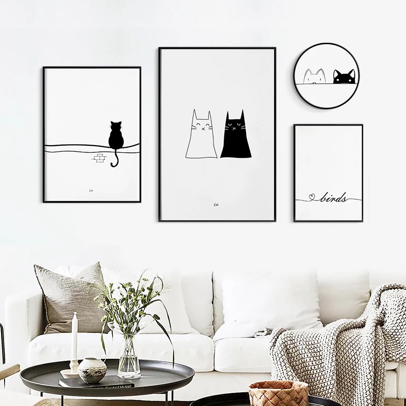 

Line Drawing Black And White Cat Birds Wall Art Canvas Painting Nordic Posters And Prints Wall Pictures For Living Room Decor