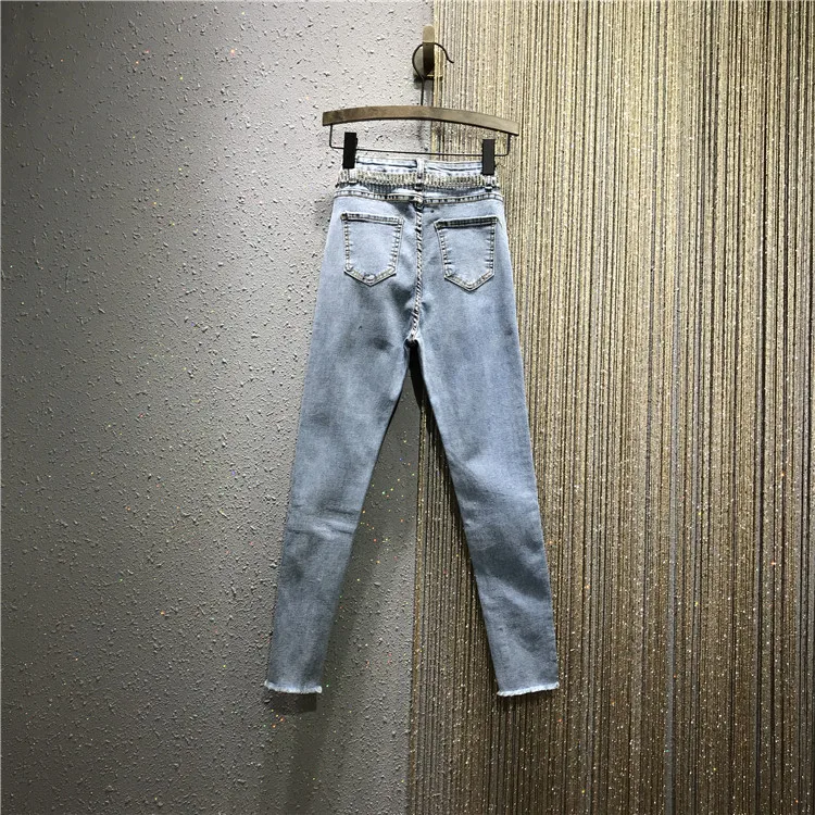 

European 2019 Autumn New Vertical Hot Drilling High Waist Slim Denim Pants Women's Stretch Jeans Pencil Pants Trousers