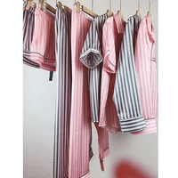 european and american satin silk pajamas womens cardigan suit spring and autumn pink vertical stripes home service shirt