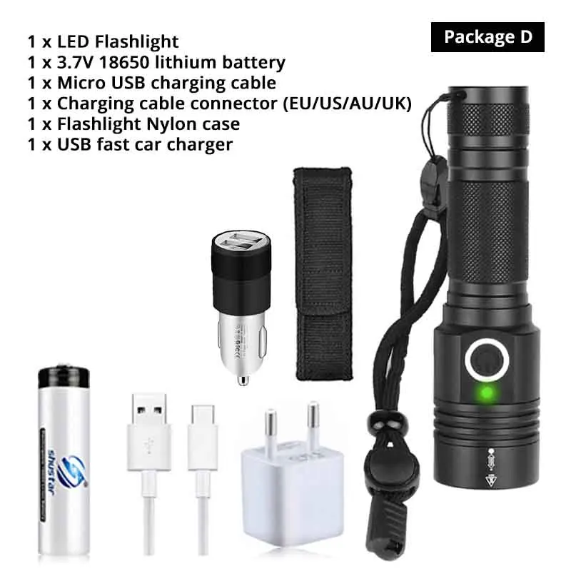 Package D Супер яркий XHP50 светодиодный фонарик с нижним магнитом водонепроницаемый фонарик Поддержка зум 4 режима освещения кемпинг лампа - Испускаемый цвет: Package D